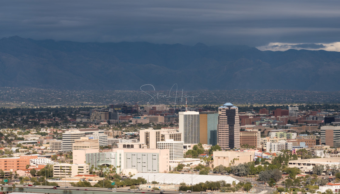 "Downtown Tucson in Arizona with storm clouds" stock image