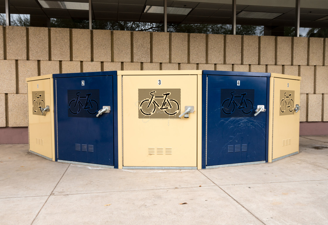 "Row of secure bicycle containers" stock image