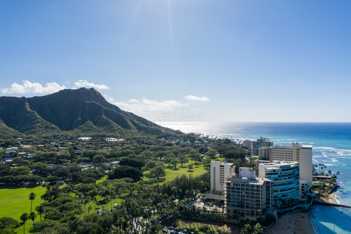 "Aerial view of Waikiki looking towards Diamond Head on Oahu" stock image