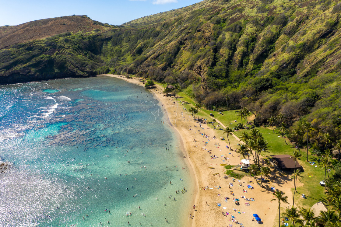 "Aerial view of Hanauma Bay nature preserve on Oahu, Hawaii" stock image