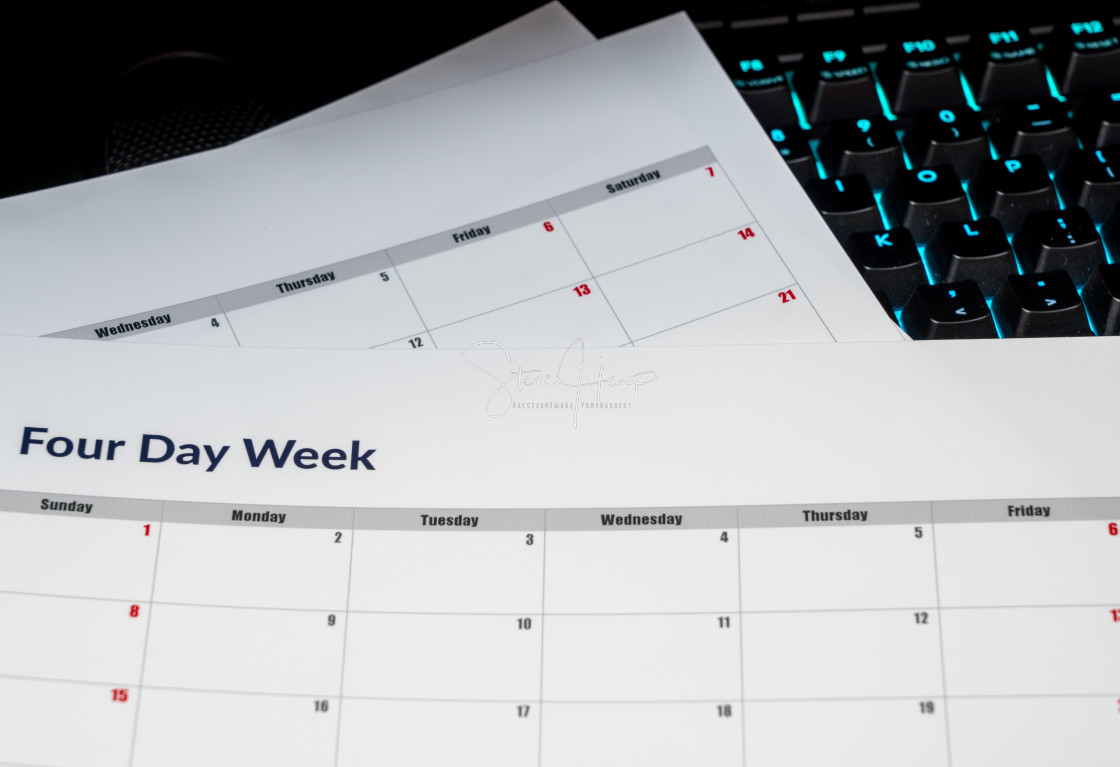 "Calendar illustrating a four day working week with Fridays being a vacation day" stock image