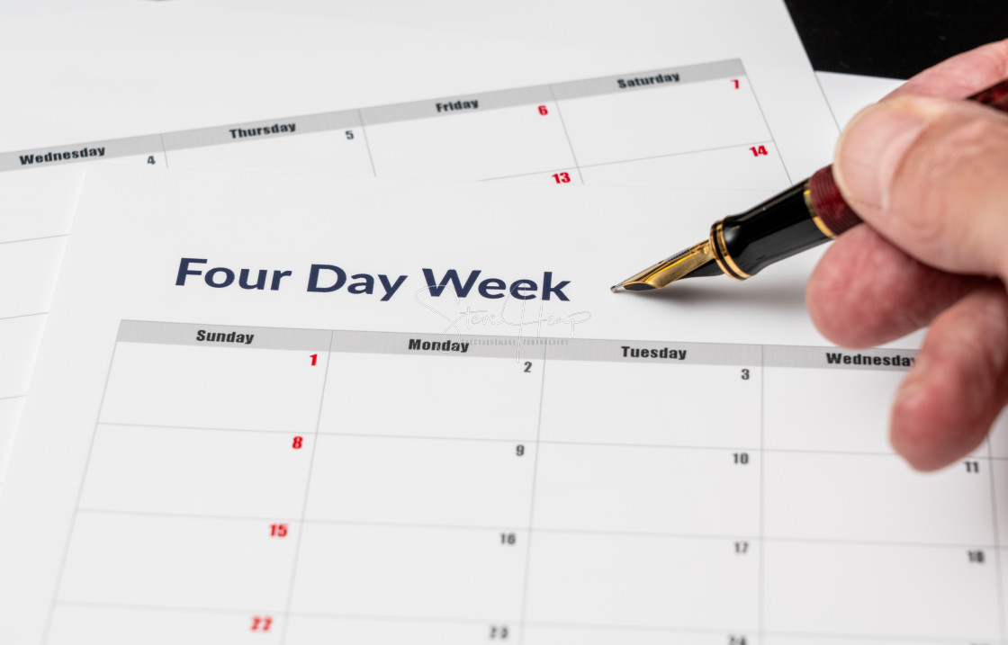 "Calendar illustrating a four day working week with Fridays being a vacation day" stock image