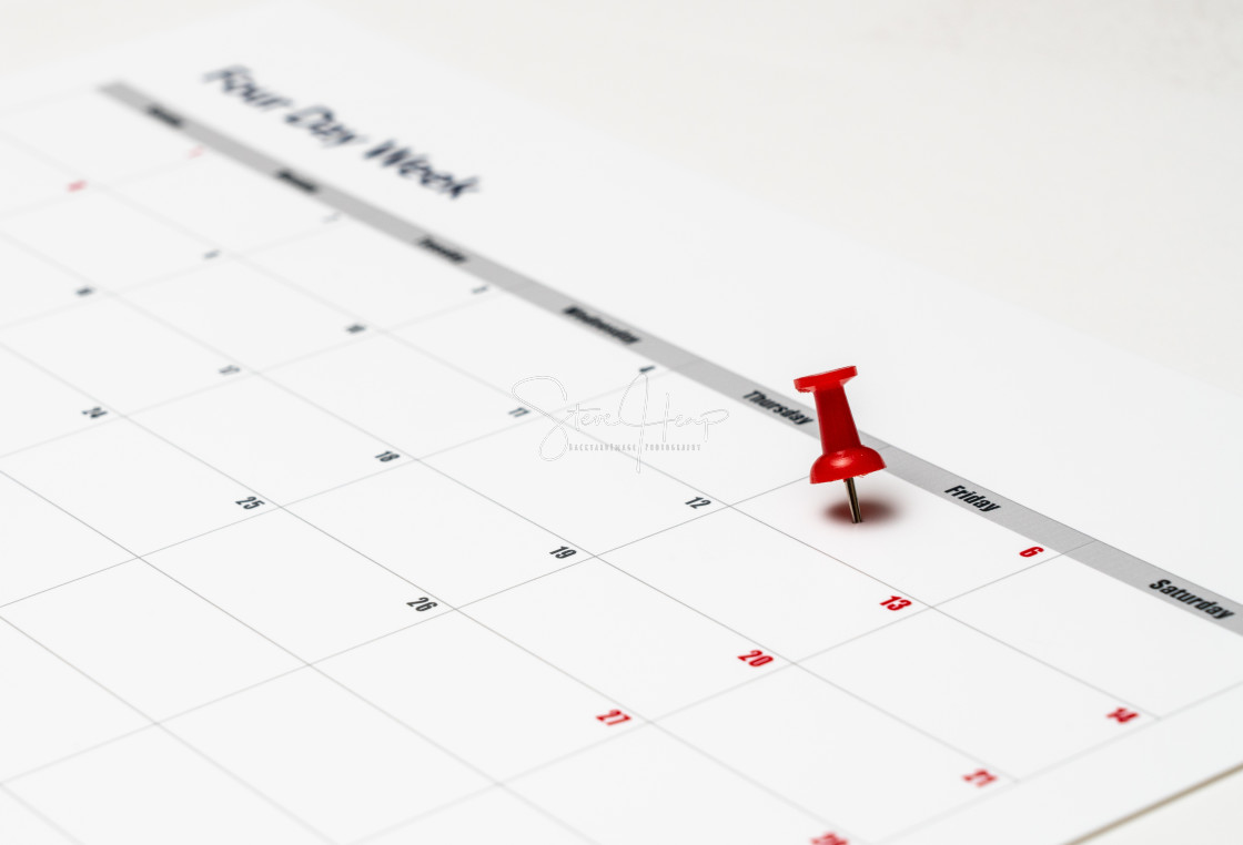 "Calendar illustrating a four day working week with Fridays being a vacation day" stock image