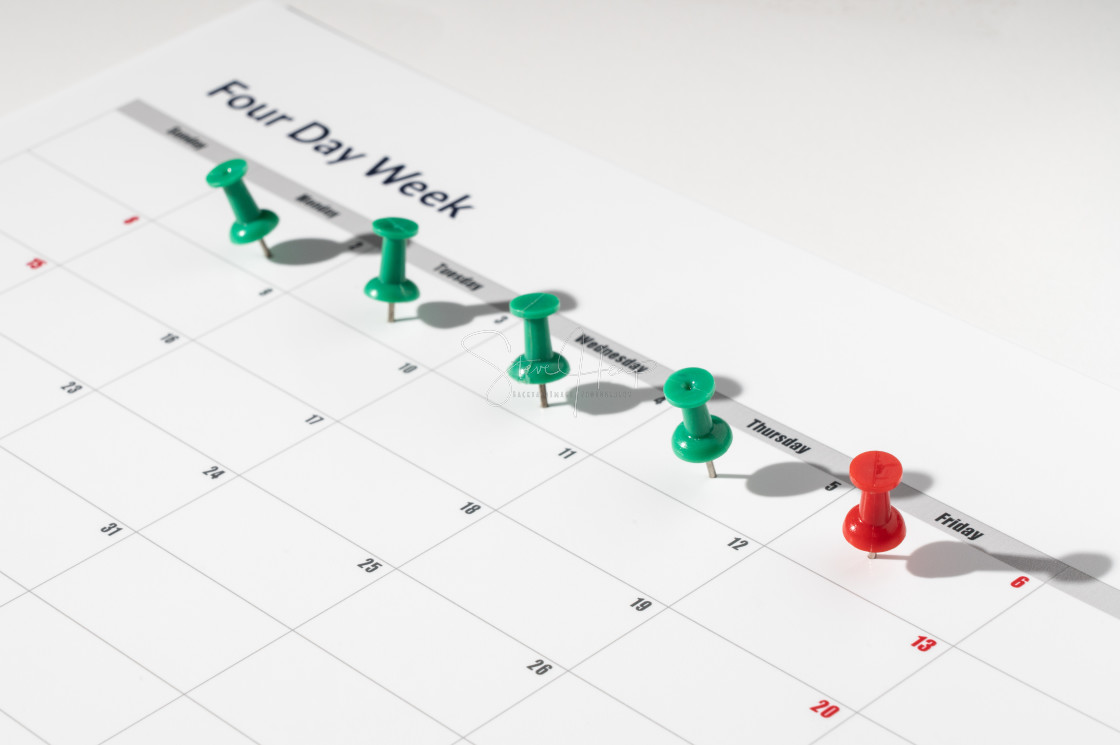 "Calendar illustrating a four day working week with Fridays being a vacation day" stock image