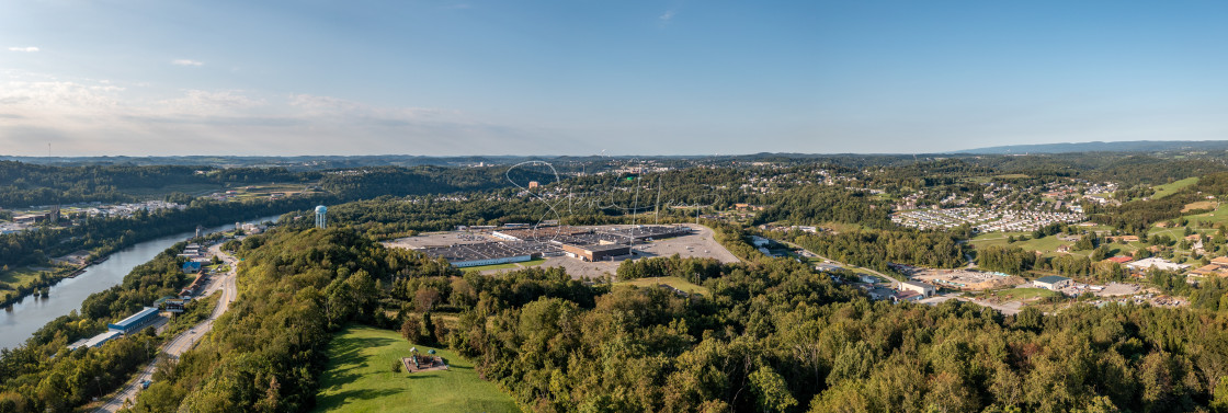 "Aerial panorama of Morgantown in West Virginia with the mall in the foreground" stock image