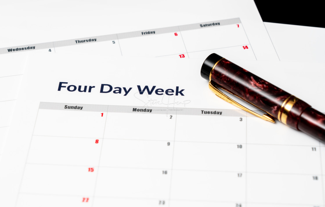 "Calendar illustrating a four day working week with Fridays being a vacation day" stock image