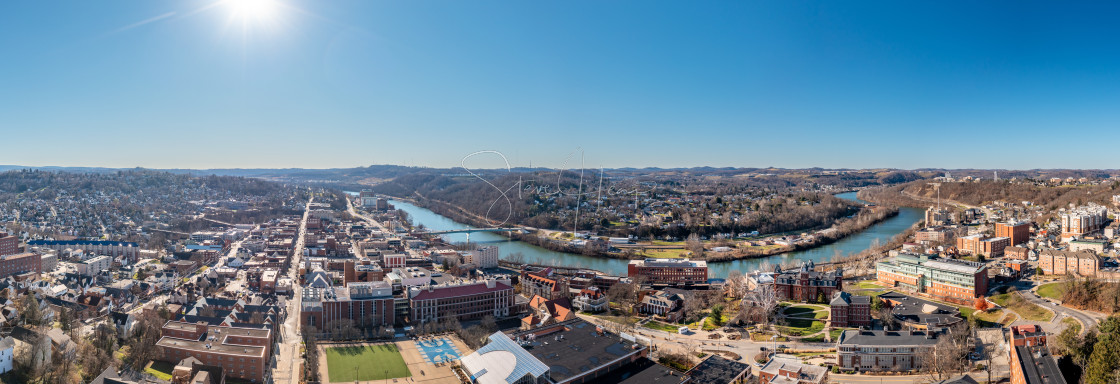 "Aerial drone view of the downtown and university in Morgantown, West Virginia" stock image