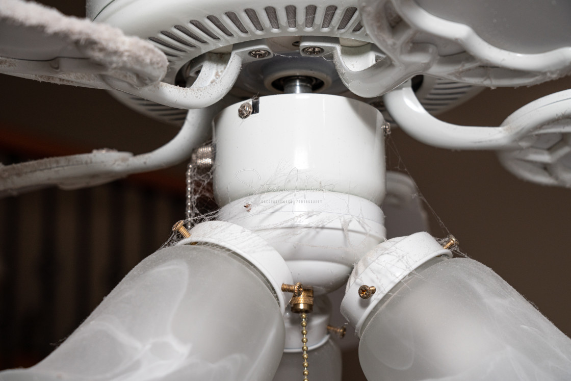 "Dust collected along the front edge of the fan blade on ceiling" stock image