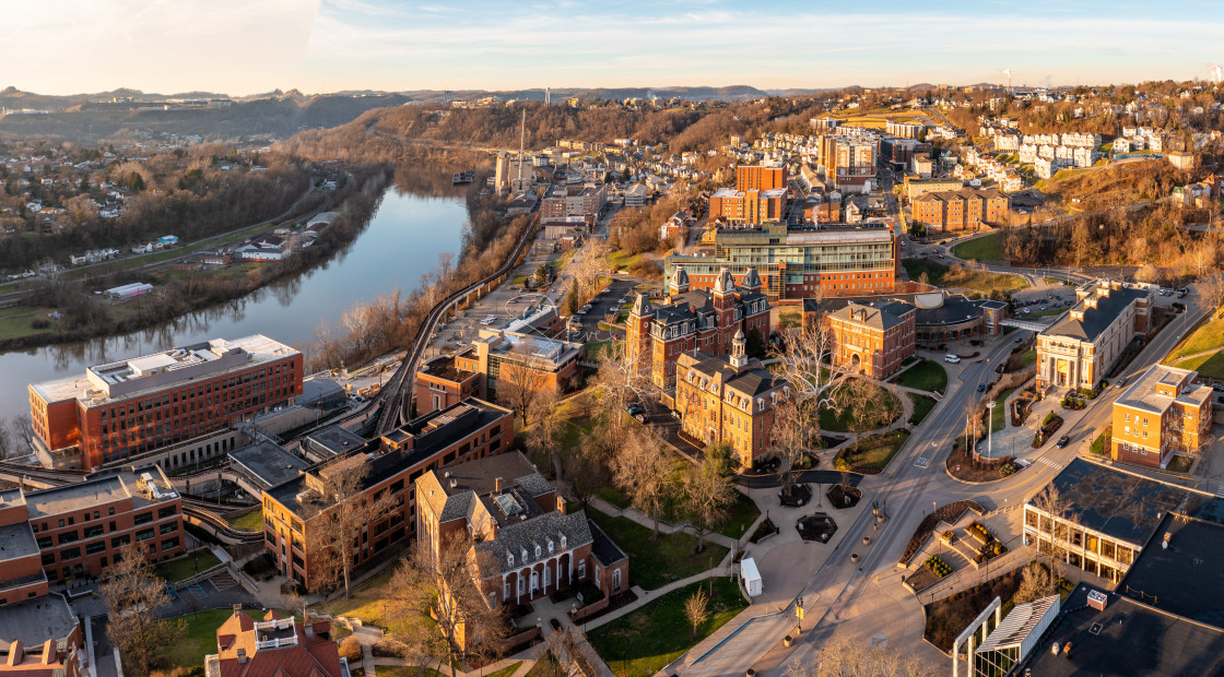 "Aerial drone panorama of the Woodburn Circle at the university in Morgantown,..." stock image