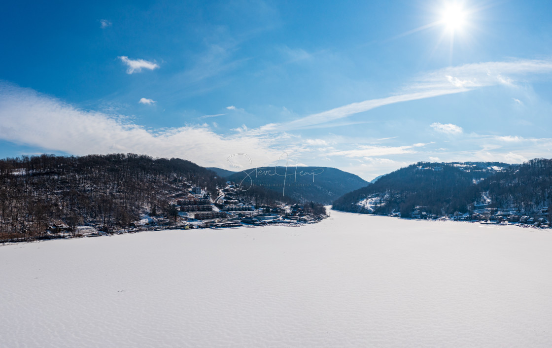 "Aerial panorama of the frozen Cheat Lake Morgantown, WV looking upstream" stock image