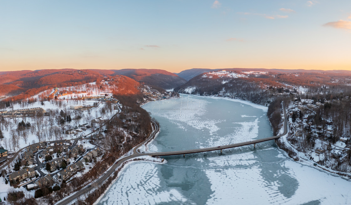 "Aerial panorama of the frozen Cheat Lake Morgantown, WV looking upstream" stock image