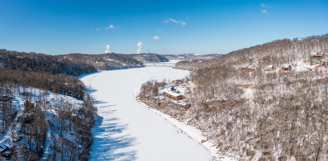 "Aerial view down the frozen Cheat River in Morgantown, WV" stock image