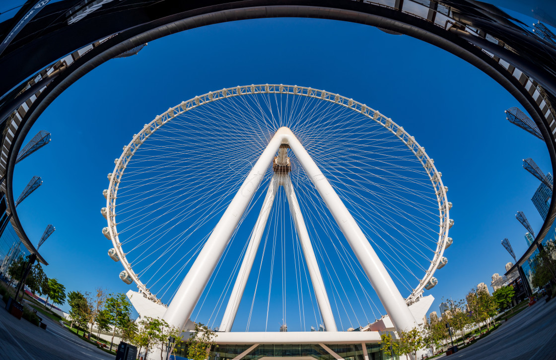 "Fisheye view of Ain Dubai observation wheel on Bluewaters Island" stock image