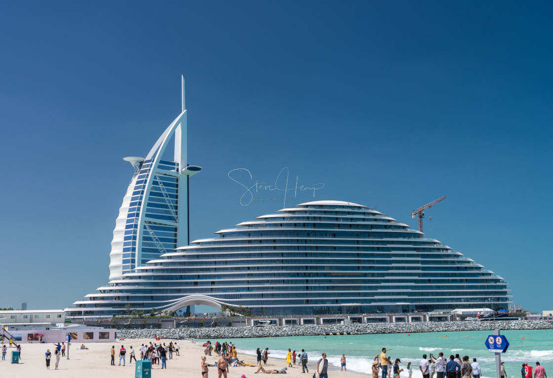 "Iconic Burj al Arab behind newly constructed Marsa al Arab hotel" stock image