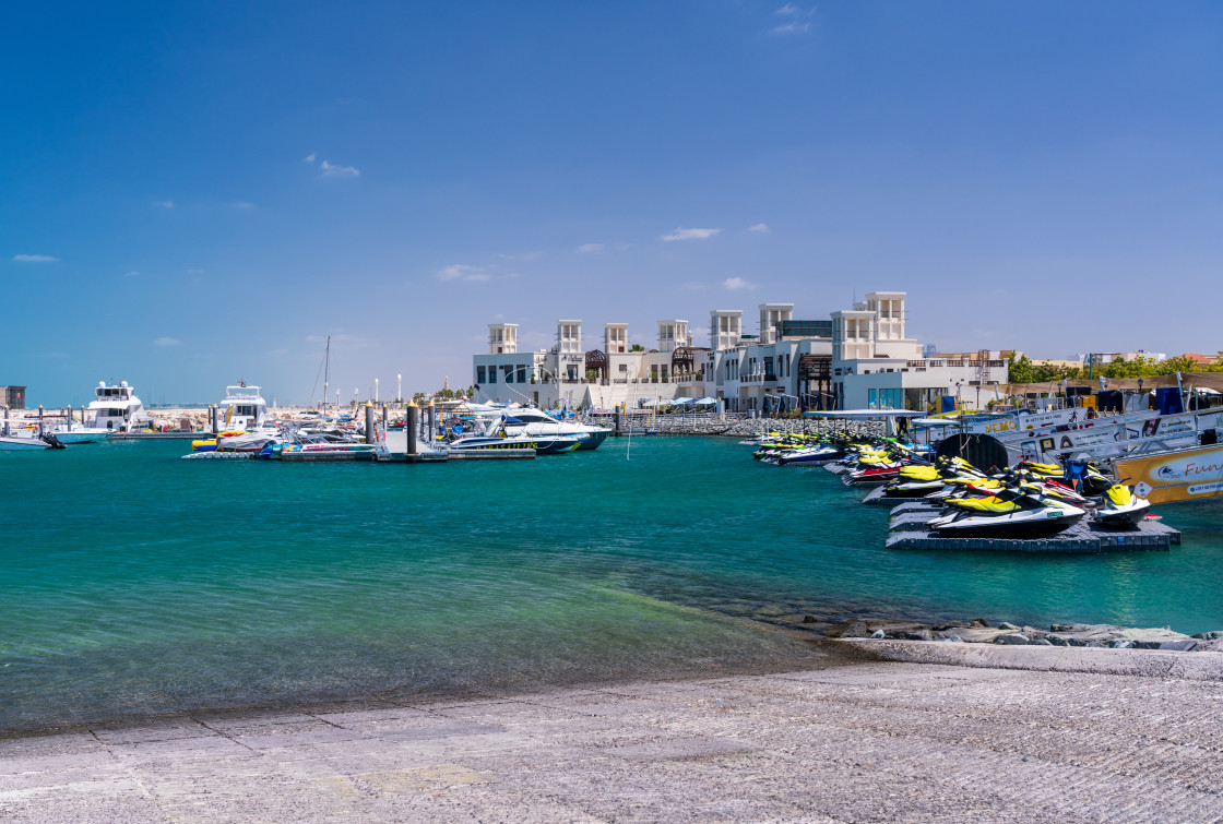 "Power boats and wave runners in P and O marina at Jumeirah Dubai" stock image