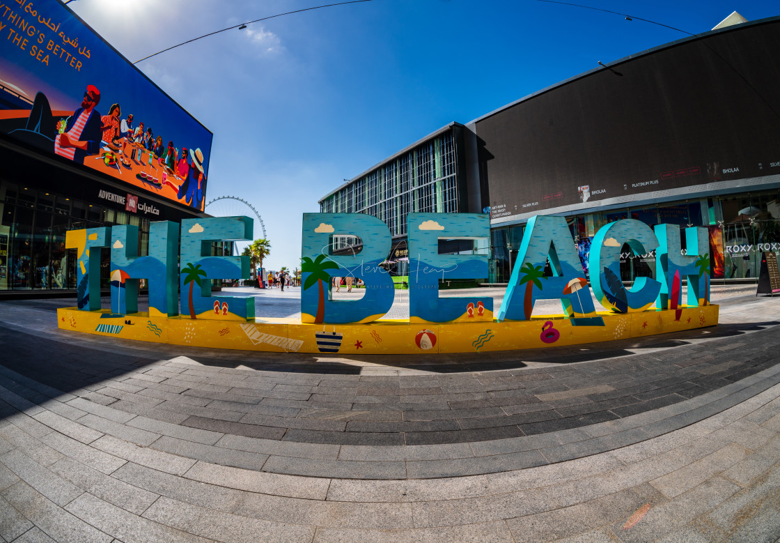 "Colorful The Beach sign on main street of JBR district of Dubai" stock image