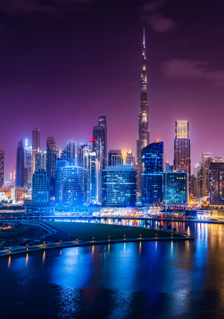 "Offices and apartments of Dubai Business Bay with district behind" stock image