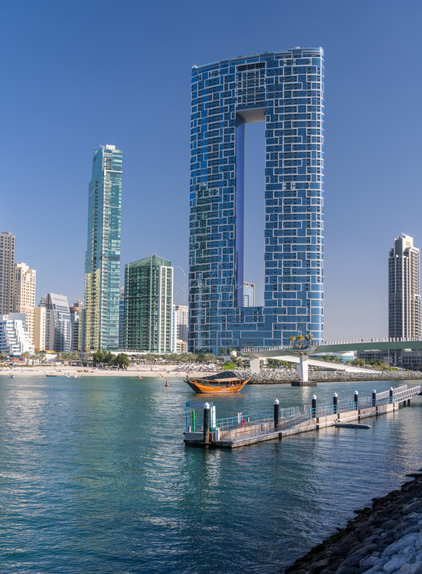 "Skyline of hotels and apartments in JBR Beach from Bluewaters island" stock image