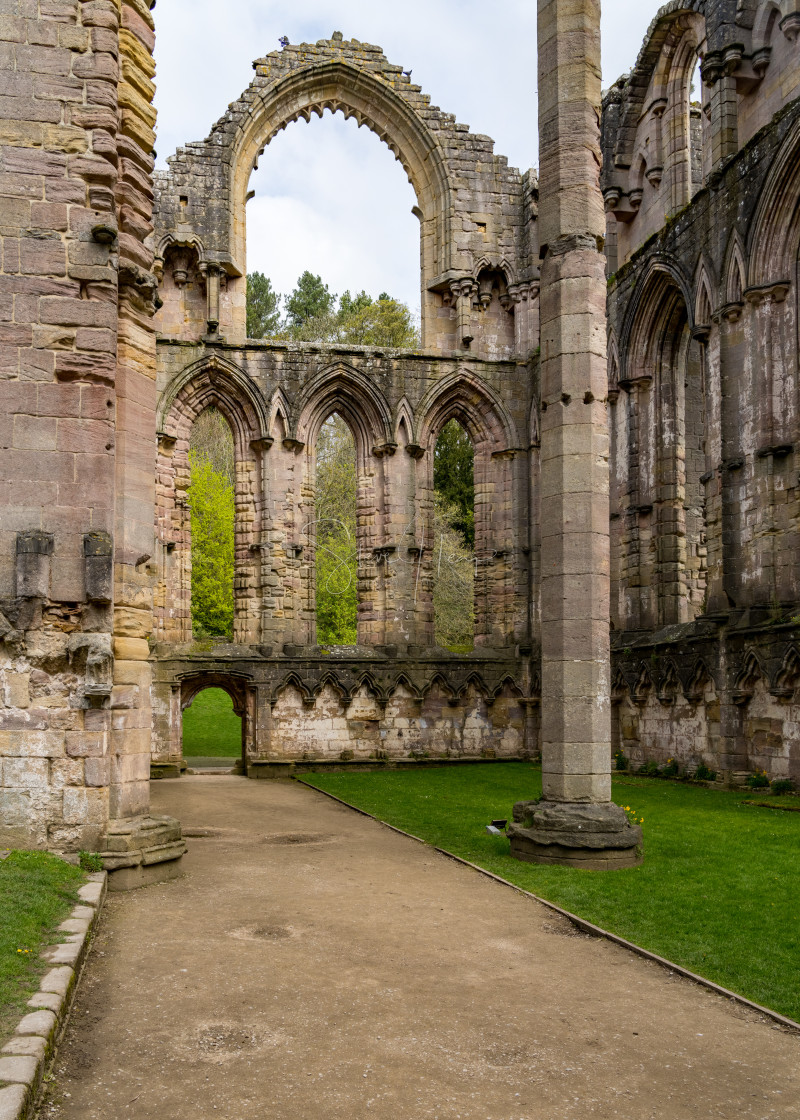 "Springtime at Fountains Abbey ruins in Yorkshire, England" stock image