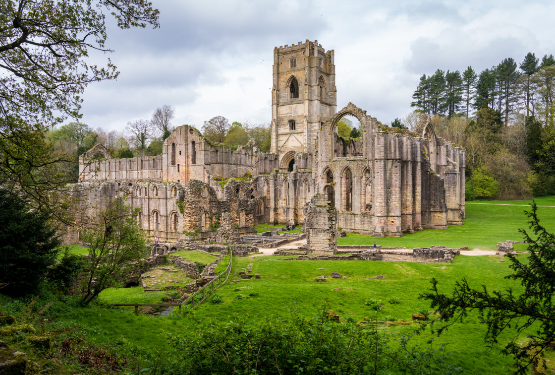 "Springtime at Fountains Abbey ruins in Yorkshire, England" stock image