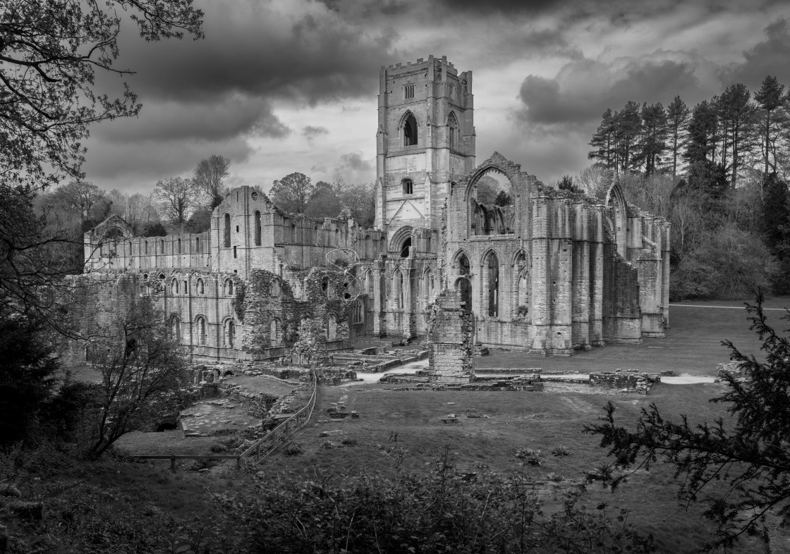 "Monochrome view of Fountains Abbey ruins in Yorkshire, England" stock image