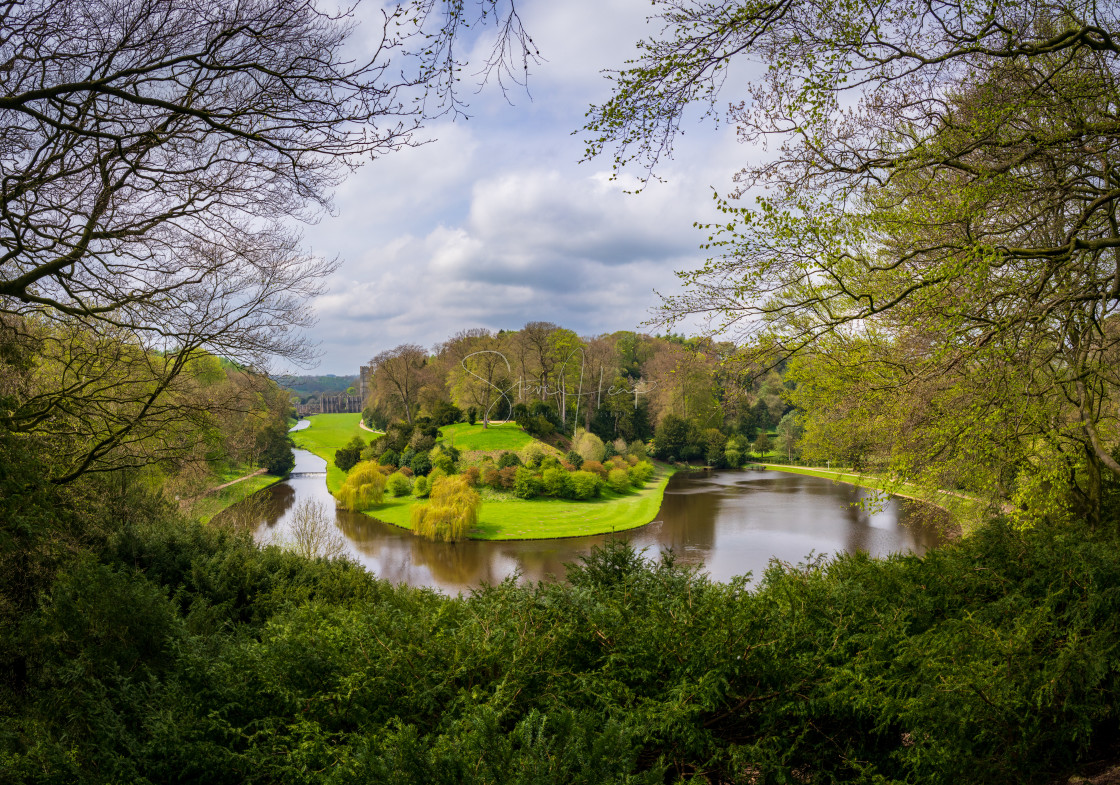 "Springtime at Fountains Abbey ruins in Yorkshire, England" stock image