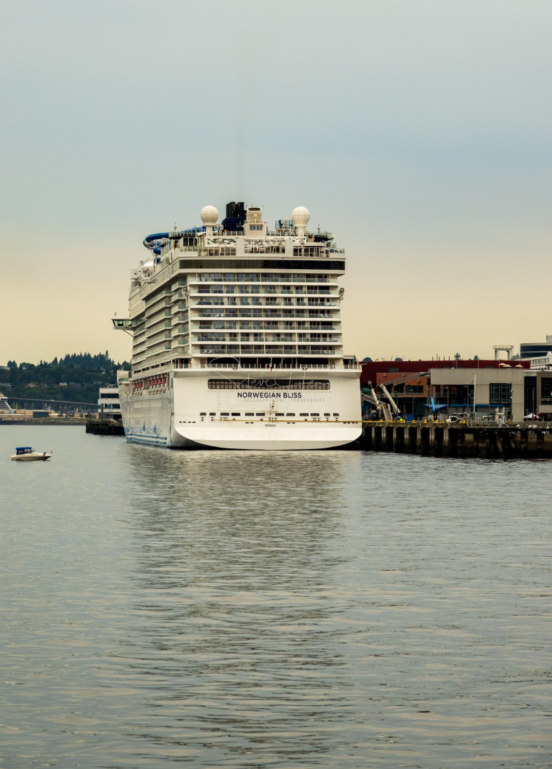 "Norwegian Bliss cruise ship docked in Seattle" by Steve Heap - $8.21 "Norwegian Bliss cruise ship docked in Seattle" stock image