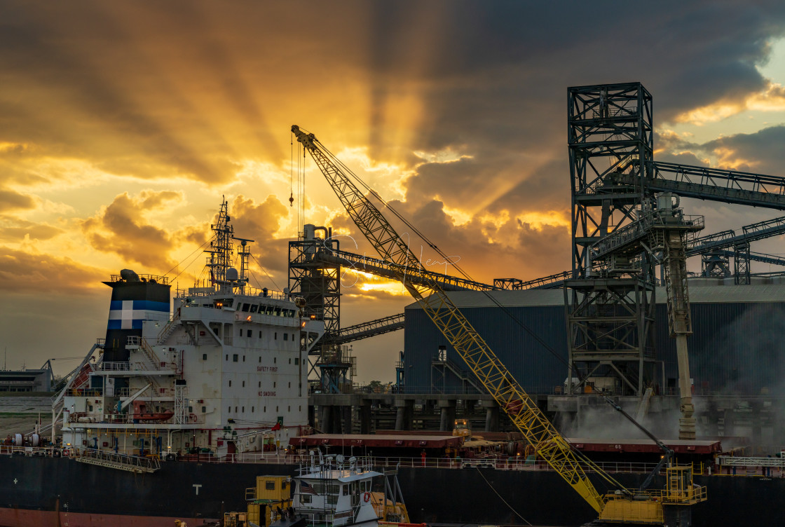 "Sunset over Port Allen on Mississippi river in Baton Rouge, Louisiana" stock image