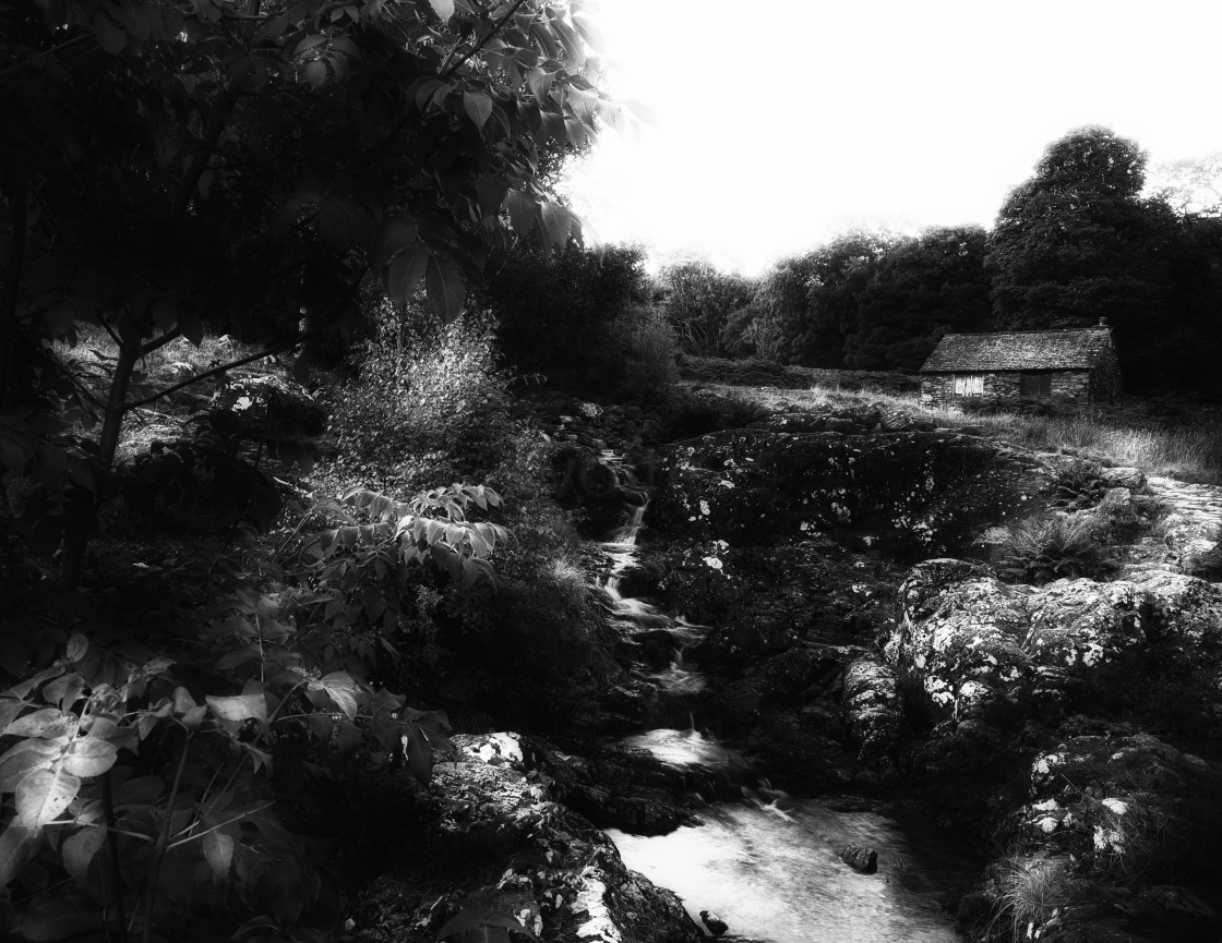 "Hillside and Building in black and white." stock image