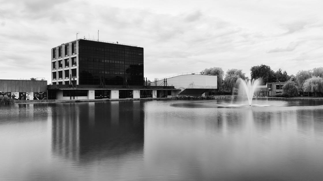 "Lake Architecture in black and white." stock image