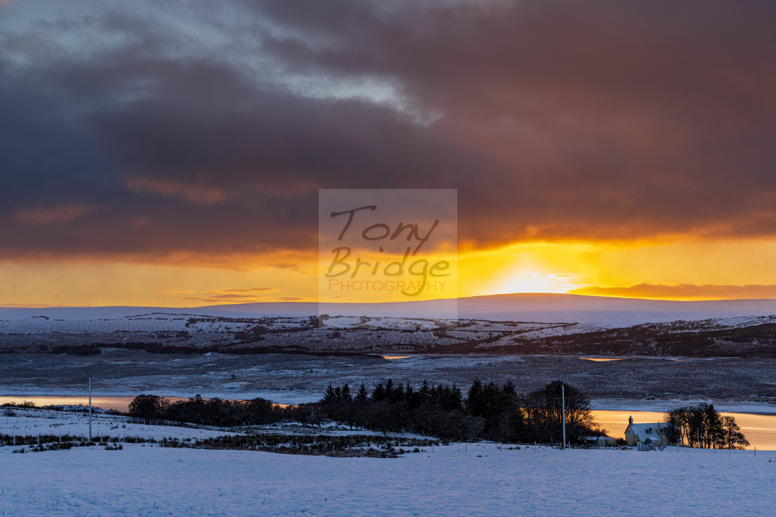 "Fiery Winter sunset over Loch Shin" stock image