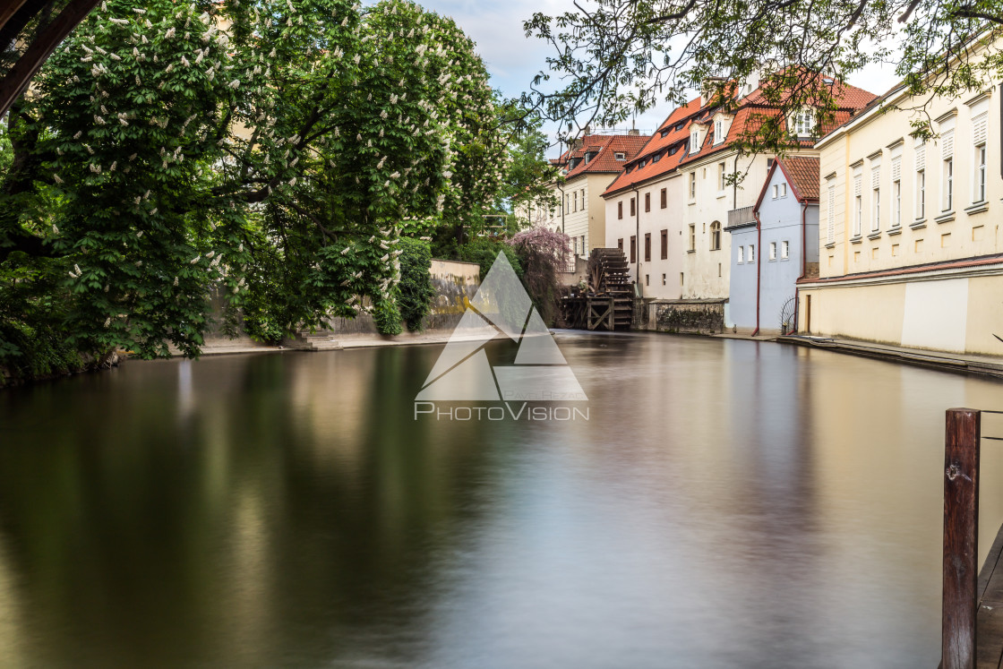 "Prague canal Certovka and water mill" stock image