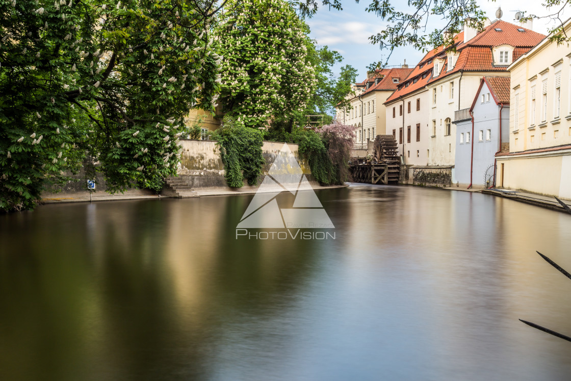 "Prague canal Certovka and water mill" stock image