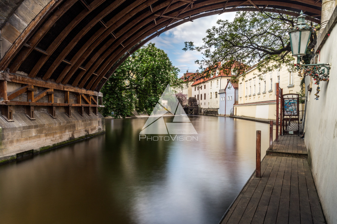 "Prague canal Certovka and water mill" stock image