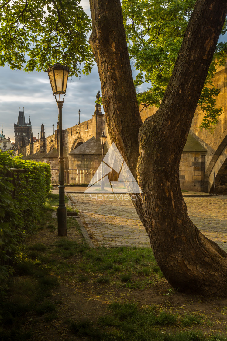 "Charles Bridge sunlit in the morning" stock image