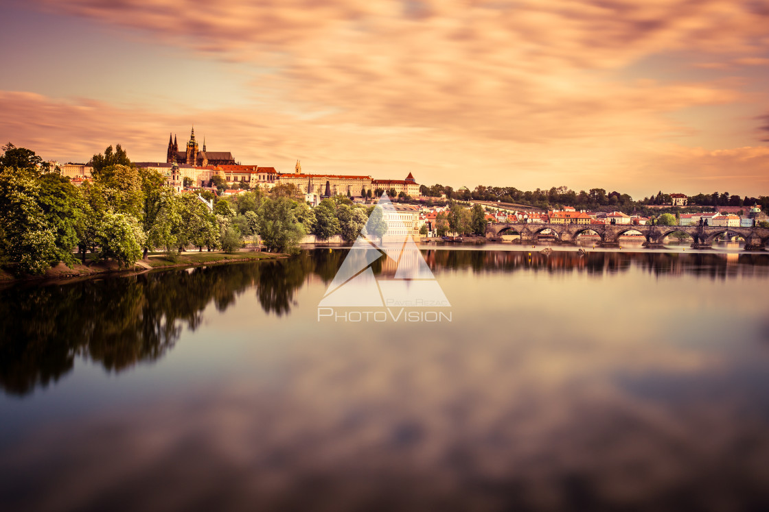 "Reflection of colored clouds on the river Vltava in Prague" stock image