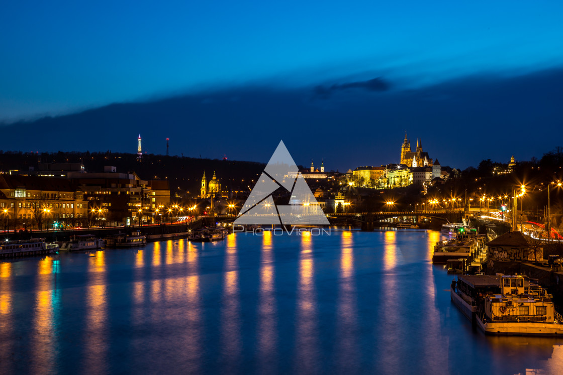 "Night panorama of Prague with lighted Prague Castle" stock image