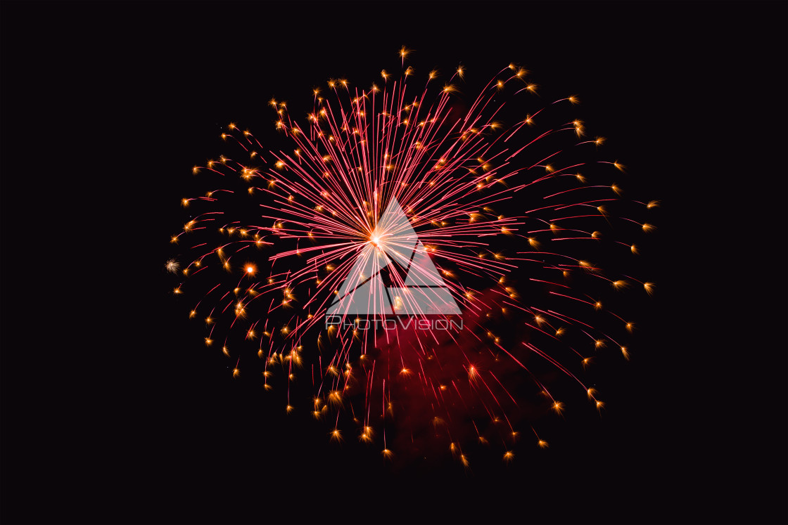 "Colorful firework on the night sky. New Year celebration fireworks. Abstract firework isolated on black background with free space for text" stock image