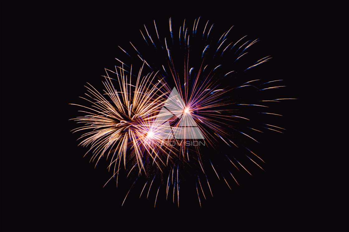 "Colorful firework on the night sky. New Year celebration fireworks. Abstract firework isolated on black background with free space for text" stock image