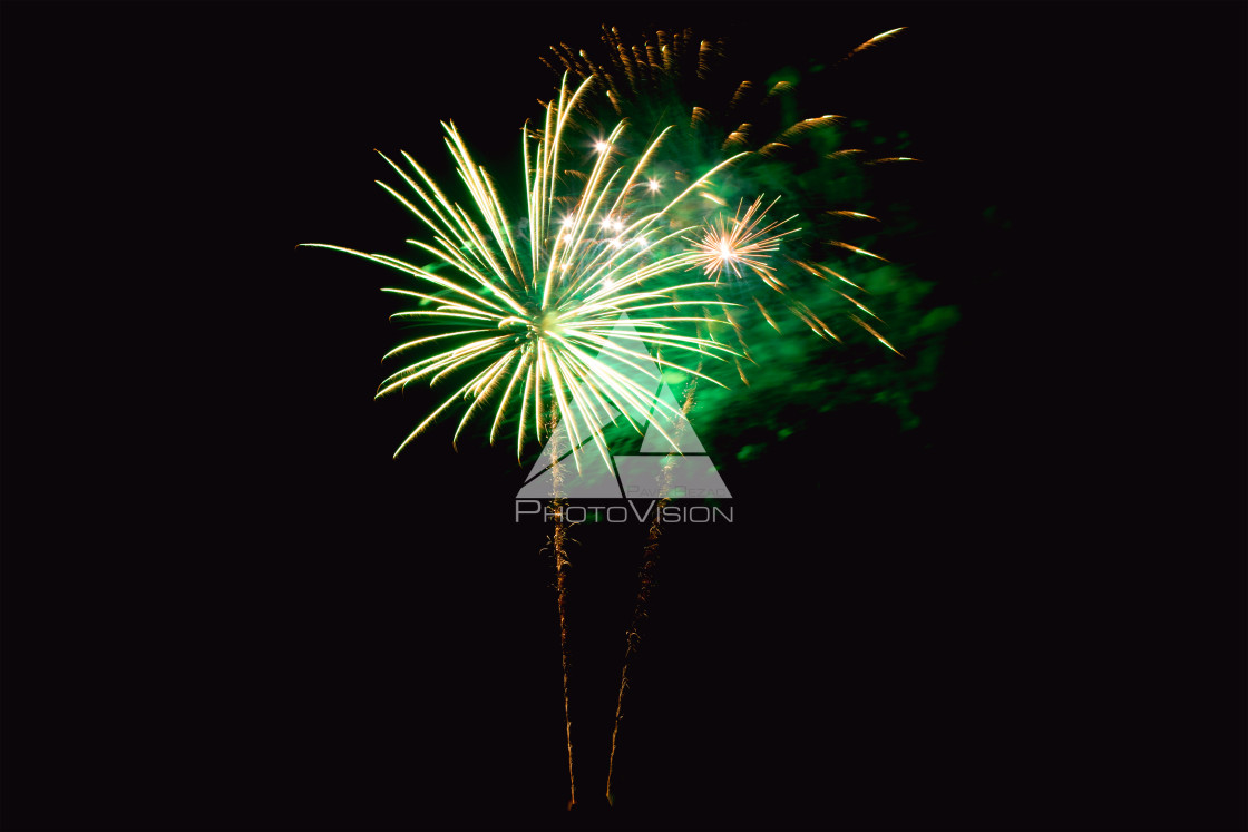 "Colorful firework on the night sky. New Year celebration fireworks. Abstract firework isolated on black background with free space for text" stock image