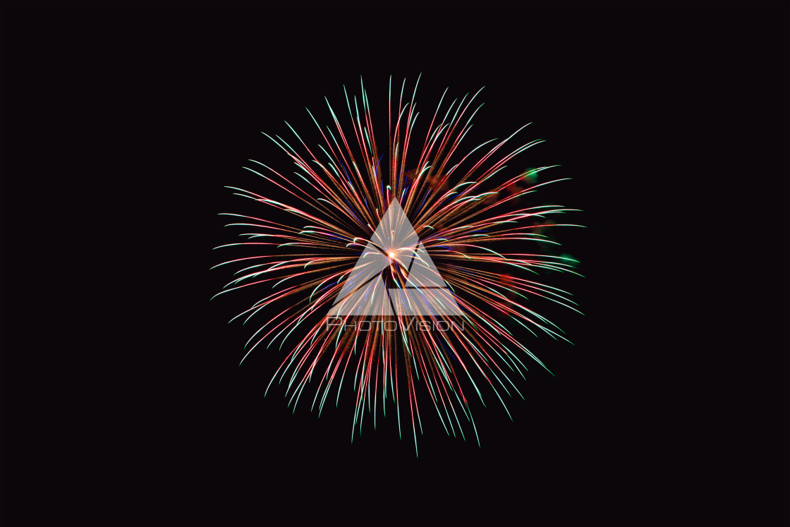 "Colorful firework on the night sky. New Year celebration fireworks. Abstract firework isolated on black background with free space for text" stock image