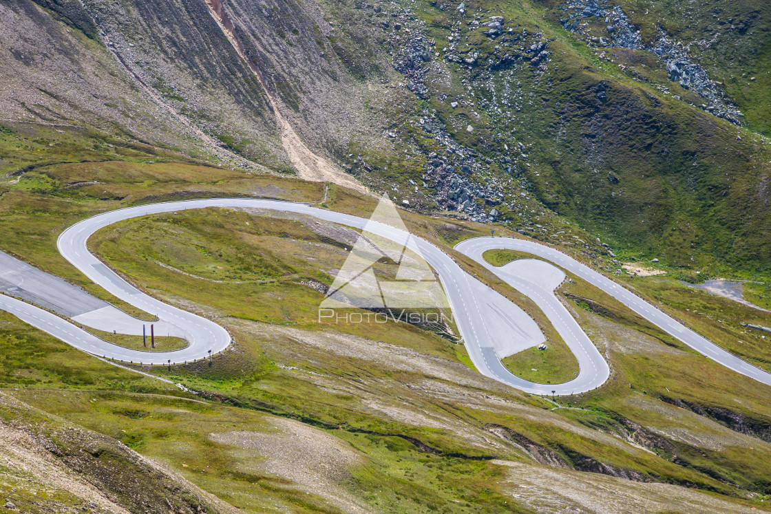 "Alpine valley, high mountain roads" stock image