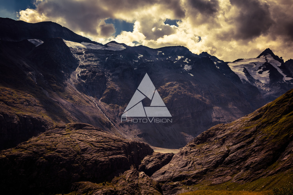 "Sunset and dramatic sky in the Valley with Mount Grossglockner" stock image