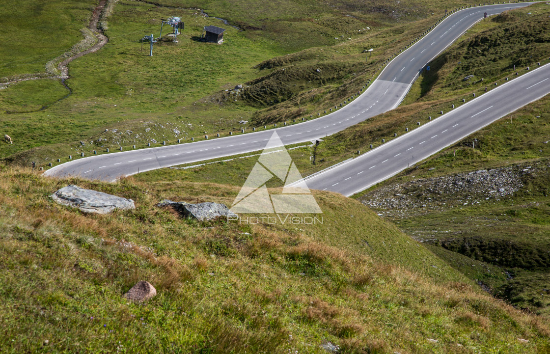 "Alpine valley, high mountain roads" stock image