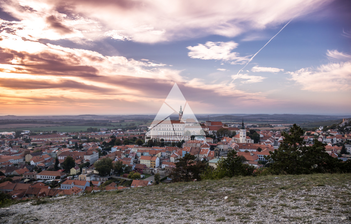 "View of the town of Mikulov at sunset, South Moravia" stock image