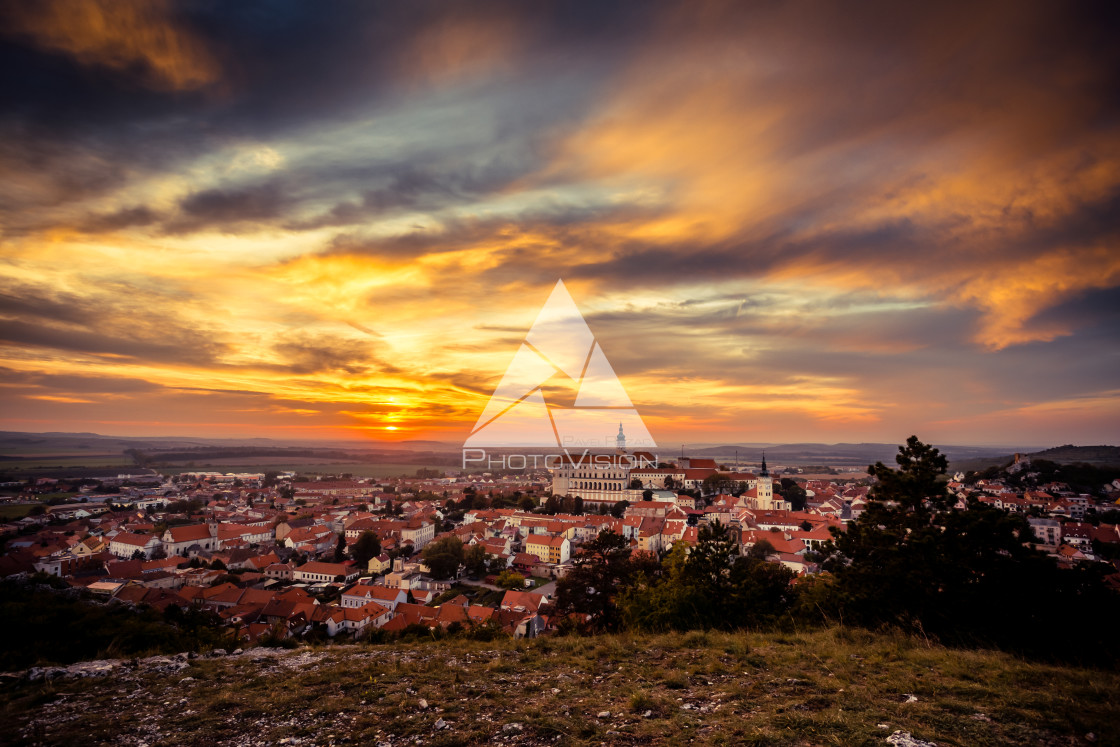 "Colorful autumn Sunset over the Mikulov city, Moravia, Czech Republic" stock image