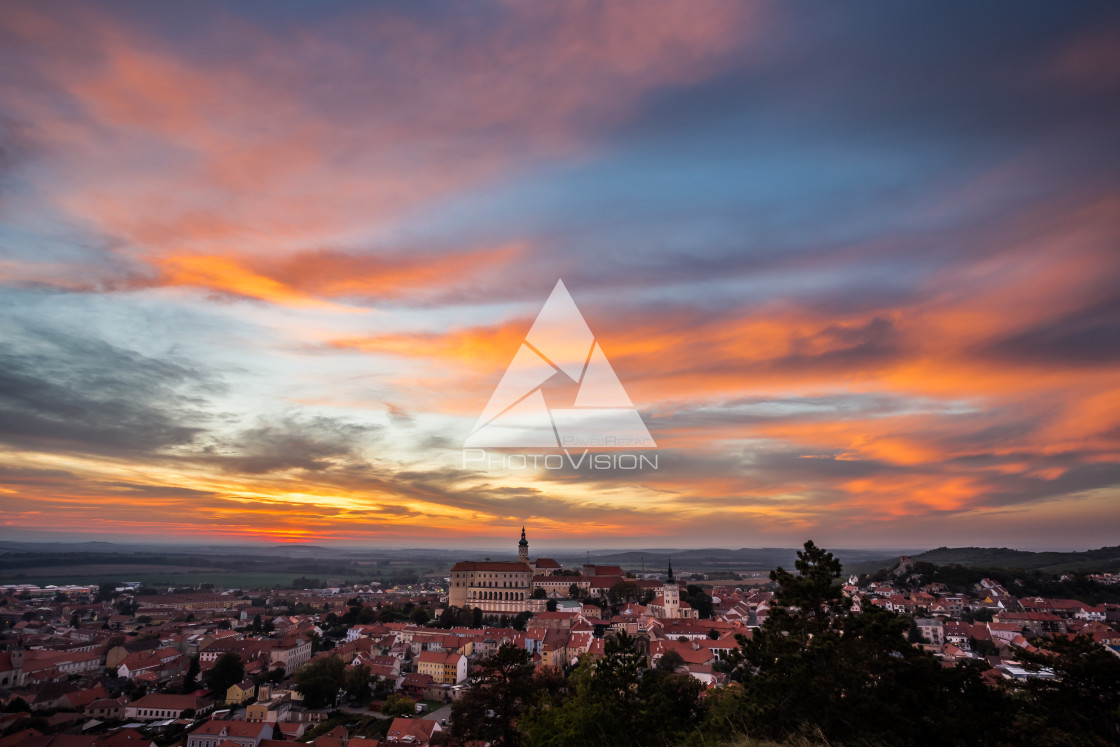 "Colorful autumn Sunset over the Mikulov city, Moravia, Czech Republic" stock image