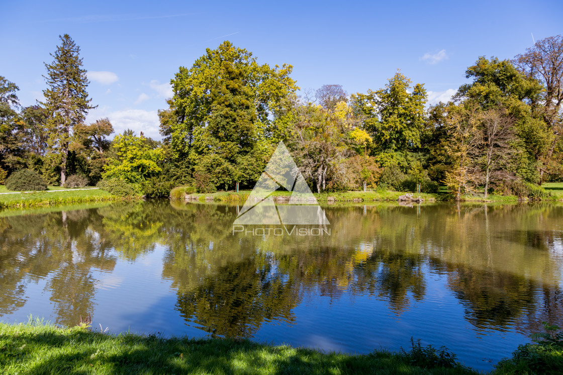 "Lake and trees in Lednice castle park" stock image