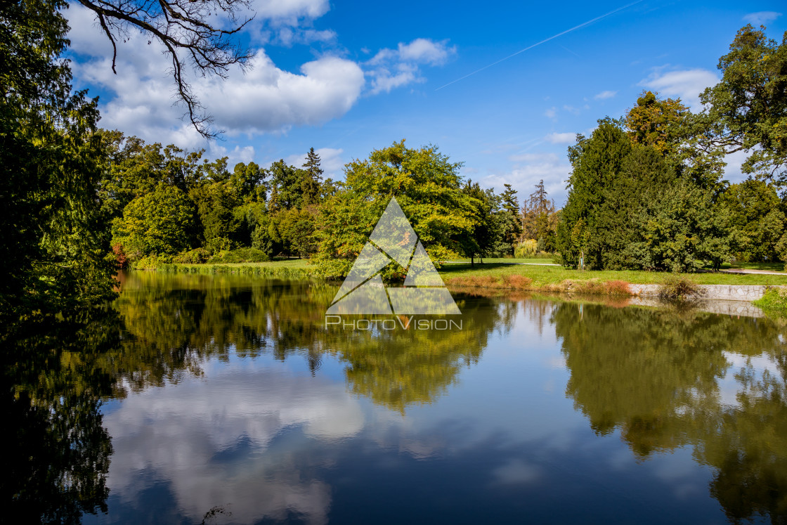 "Lake and trees in Lednice castle park" stock image