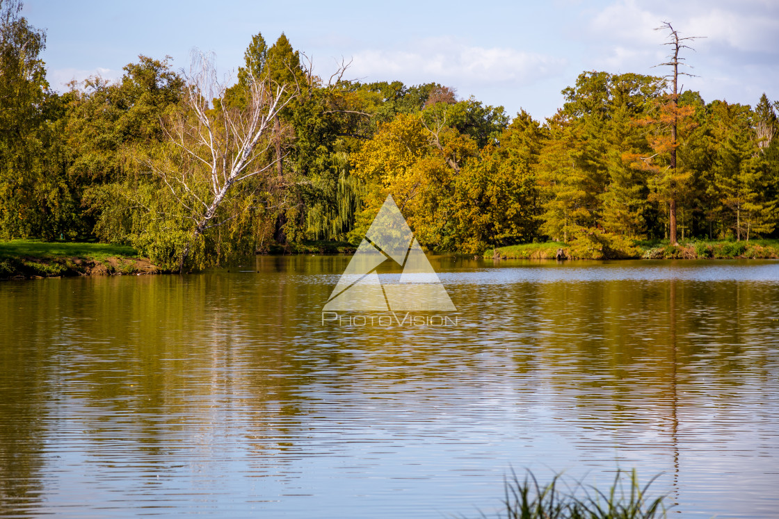 "Lake and trees in Lednice castle park" stock image